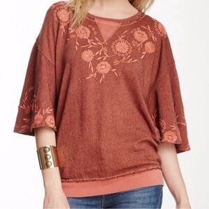 FREE PEOPLE Embroidered Rust Floral Pullover Top